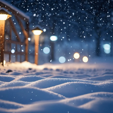 Cute Christmas night landscape covered with fresh snow. Wonderful winter village. New Year Christmas atmosphere. Festive enchanting winter wonderland. Snowflakes, snowdrifts and hills. AI generated.の素材