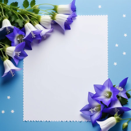 Blank piece of paper surrounded by frame of purple or blue bellflowers. Flowers arranged around paper, creating natural beautiful border. Background or template for a variety of purposes, copy spaceの素材