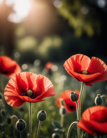 Red poppies with green leaves and stems. The poppies are depicted in various stages of bloom, with some fully open and others in bud. Soft back, creating a delicate and romantic feel.の素材