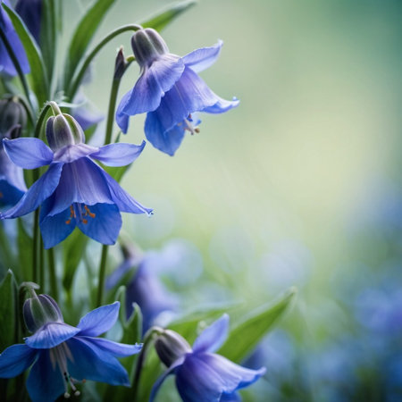 Bluebell flowers blooming in lush green forest. Light blue petals of flowers create vibrant contrast against rich foliage. Beautiful natural scene. Out-of-focus background. Depth and tranquility. AI.の素材