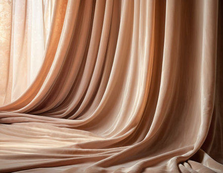 Curtain with soft smooth flowing folds. Deep beige color and luxurious texture create a dramatic and elegant atmosphere. Decoration and interior design. Expensive curtain made of rich fabric. AI.の素材