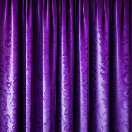 Curtain with soft smooth flowing folds. Deep purple color and luxurious texture create a dramatic and elegant atmosphere. Decoration and interior design. Expensive curtain made of rich fabric. AI.の素材