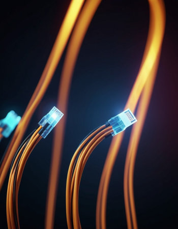 Blue and orange glowing wires twisting and intertwining against dark background with bokeh lights. Black cables and connectors with glowing lights and circuits connect to form a network. AI generated.の素材