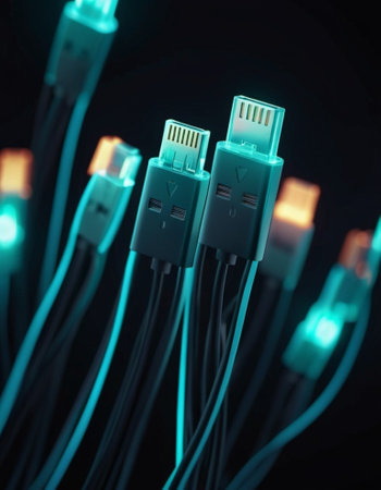 Blue and orange glowing wires twisting and intertwining against dark background with bokeh lights. Black cables and connectors with glowing lights and circuits connect to form a network. AI generated.の素材