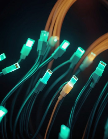 Blue and orange glowing wires twisting and intertwining against dark background with bokeh lights. Black cables and connectors with glowing lights and circuits connect to form a network. AI generated.の素材