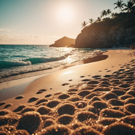 Serene beach scene with gentle waves, sandy shoreline, and palm trees casting shadows. The bright colors and soft brushstrokes create peaceful atmosphere. Generated AI. Sunny beach holidays travelの素材