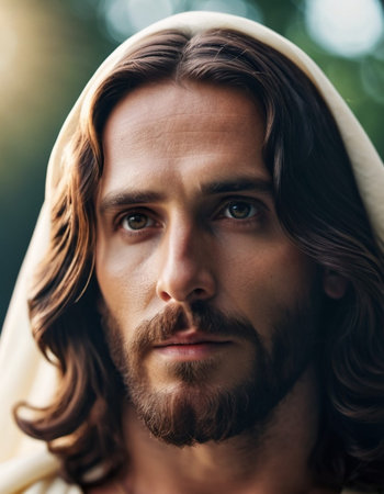 Close-Up Portrait of a Man Dressed as Jesus. White robe. Long brown hair and beard. Man appears to be in his early 30s, and he has a serious expression on his face. Christian religion and faith. AI.の素材