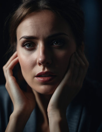 Woman with furrowed brows and worried expression looks directly at camera. Lighting is dim, casting shadows around face, emphasizing her stress. Fear, frustration, upset, worry and thoughtfulness. AI.の素材