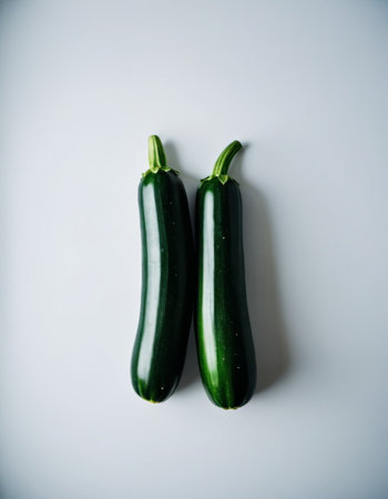 Zucchini vegetables, vibrant green hue, arranged on pristine white surface. Zucchini are positioned in various orientations, showcasing their elongated, cylindrical shapes smooth, firm textures. AI.の素材