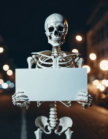 Skeleton figure stands holding up blank white poster. The skeleton's bony hands offering ample space for any message or design. The skeleton offers something. Halloween theme. AI generated.の素材