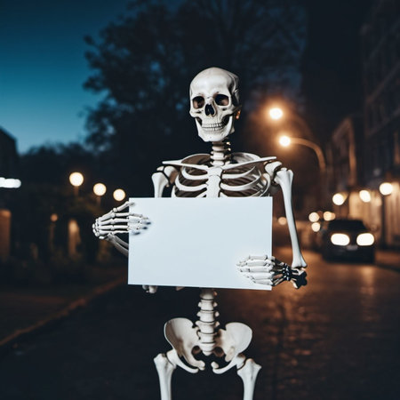 Skeleton figure stands holding up blank white poster. The skeleton's bony hands offering ample space for any message or design. The skeleton offers something. Halloween theme. AI generated.の素材