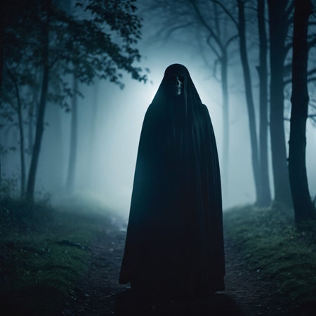 Ghostly figure stands ominously in dark forest. Faint glow of light emanates from behind. Unsettling atmosphere. Feeling of fear and dread, haunting experience reminiscent of classic horror tales. AI.の素材