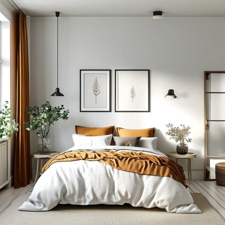 This Scandinavian bedroom showcases a comfortable bed with layered bedding, stylish plants, and minimalist decor, offering a peaceful atmosphere.の素材