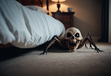 Terrifying nightmare creature lurking beneath bed in dimly lit bedroom capturing essence of fear and unknown at night. Grotesque creature with haunting features emerges quietly from under the bed. AIの素材