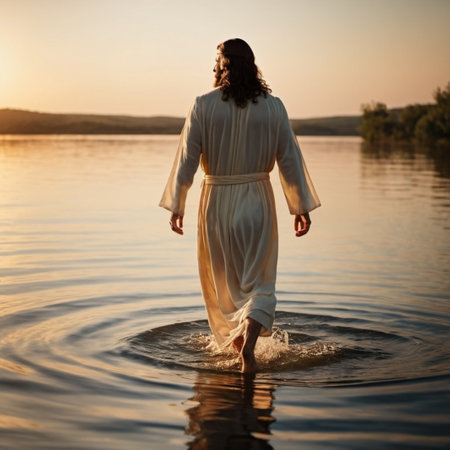 Jesus Christ. A serene figure walks through calm waters at sunset, creating ripples in the reflective lake. The warm golden light bathes scene, spiritual atmosphere of tranquil moment. AI generated.の素材