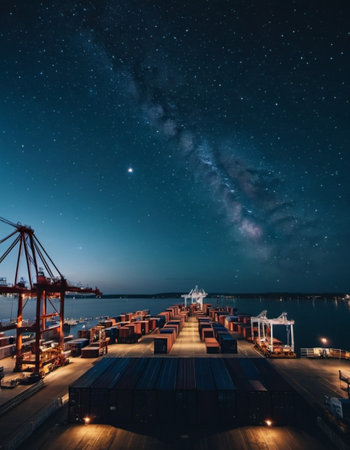 The dock comes alive at dusk with a vibrant mix of shipping containers and illuminated cranes working against a twilight backdrop. Generative AI.の素材