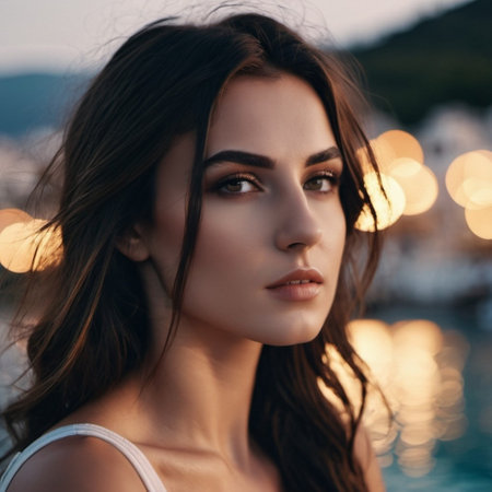 Captivating young Greek woman with flowing hair and delicate floral accents gazes thoughtfully at camera. Background features ethereal lights that create tranquil atmosphere during sunset. AI art.の素材