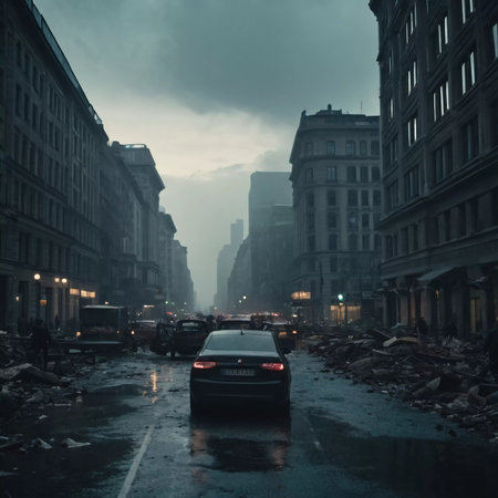 A lone figure walks through a deserted city street littered with debris at twilight, as zombies roam in the background, highlighting the aftermath of an urban catastrophe.の素材