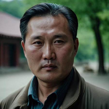 A middle-aged man from North Korea is depicted with a serious expression, dressed in formal attire, within an interior space that reflects the culture and environment of the region.の素材