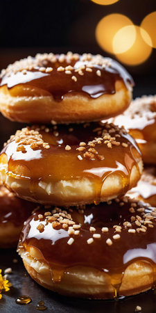 A stack of honey glazed donuts with a glossy caramel coating, adorned with crunchy toppings, inviting you to indulge in a sweet treat. These donuts are ideal for any dessert lover. AIの素材