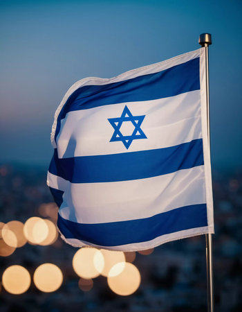 Israeli flag. Waving in wind, with blue and white stripes and a Star of David in center. Sense of movement and energy. AI generated.の素材