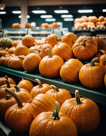 A vibrant display of fresh pumpkins fills the supermarket counter, showcasing their rich orange color, perfect for fall decor and seasonal cooking. Generative AI.の素材