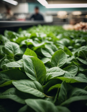 A vibrant selection of fresh sorrel leaves is beautifully arranged on a supermarket counter, inviting shoppers to explore their culinary potential for enriching autumn meals. Generative AI.の素材