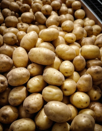 A supermarket features a vibrant display of fresh potatoes piled high, surrounded by other produce. Shoppers browse nearby, enjoying the variety available. Generative AI.の素材