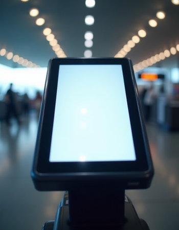 A self-service checkout kiosk stands prominently in an airport, serving travelers looking to expedite their check-in process in a bustling terminal setting. Generative AI.の素材