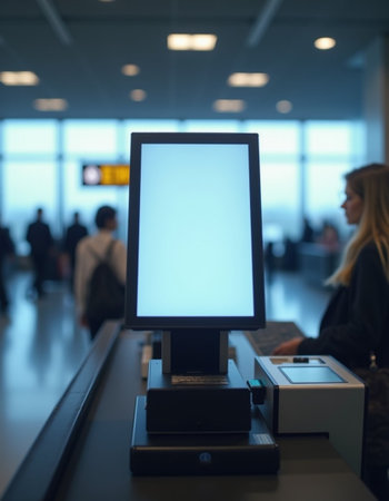 A self-service checkout kiosk stands ready for use at an airport, surrounded by travelers engaged in various tasks as they prepare for their journeys. Generative AI.の素材