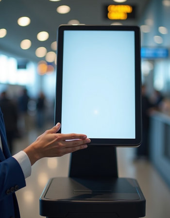 A traveler uses a self-service checkout kiosk in an airport terminal, highlighting modern technology's role in enhancing the passenger experience during peak travel. Generative AI.の素材