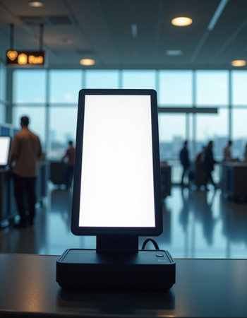 A self service checkout kiosk stands in the foreground as travelers navigate through the airport, preparing for their flights. The ambiance is busy and bright, typical of a daytime travel rush. Generative AI.の素材