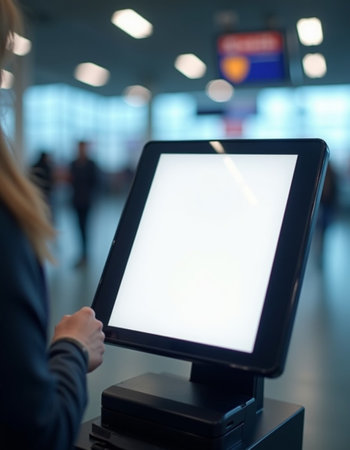 A traveler interacts with a self-service kiosk in an airport terminal, preparing for check-in as other passengers move in the background. Generative AI.の素材