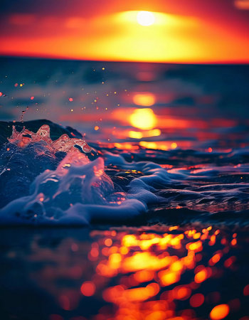 The sun rises over the ocean, casting warm hues across the water. Waves gently roll in, creating bubbles that sparkle in the early light while clouds streak the sky in vibrant colors. Generative AI.の素材