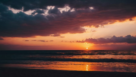 A stunning sunrise bathes the ocean in vibrant red light as clouds reflect the colors above. Waves gently lap the shore creating a peaceful atmosphere at dawn. Humidity haze over water. Generative AIの素材