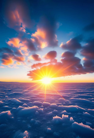 A tranquil Arctic tundra landscape is blanketed in frost as the sun rises, casting golden light over the icy terrain and illuminating delicate frost formations. Generative AI.の素材