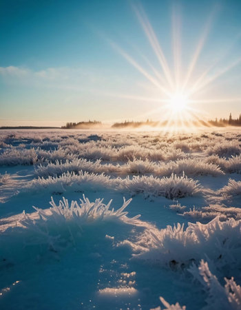A tranquil tundra landscape is blanketed in frost as the sun rises, casting golden light over the icy terrain and illuminating delicate frost formations. Generative AI.の素材