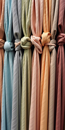 Intricately tied curtain knots hang gracefully in a textile shop, displaying a vibrant array of colors, patterns, and textures in the afternoon light. Generative AI.の素材