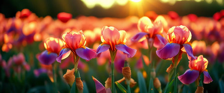 A vibrant garden filled with blooming irises shines brightly as the sun sets, casting warm tones across the colorful flowers and lush greenery. Generative AI.の素材