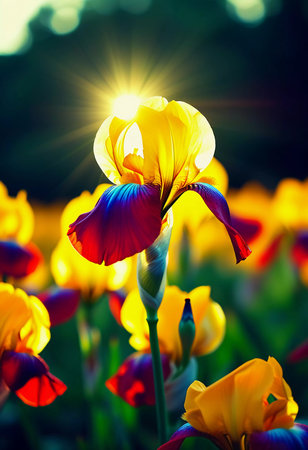 A vibrant garden filled with blooming irises shines brightly as the sun sets, casting warm tones across the colorful flowers and lush greenery. Generative AI.の素材