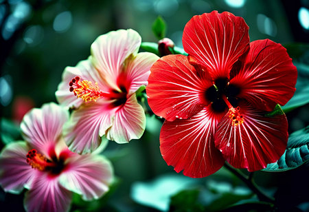 Bright red hibiscus flowers showcase intricate petals in flourishing garden. The lush greenery creates a vibrant backdrop for their beauty. Hibiscus is large genus of plants in Malvaceae family. AI.の素材