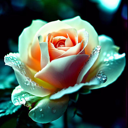 A beautiful pink rose with soft petals glistens with dew drops in a lush garden, illuminated by the gentle light of early morning. Generative AI.の素材