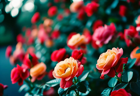 Lush garden filled with vibrant yellow, pink and red roses, showcasing their beauty against a backdrop of rich green leaves. Springtime blossoms create a cheerful atmosphere. Generative AI.の素材