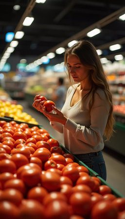 A woman inspects a ripe tomato in her hand, thoughtfully comparing it with others on the display in a lively supermarket filled with colorful fruits and vegetables. Generative AI. Buyer in a store.の素材