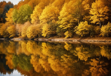 Vibrant yellow leaves create a stunning autumn display around a calm lake, with reflections mirroring the foliage on the water's surface as the day comes to a close. Generative AI.の素材