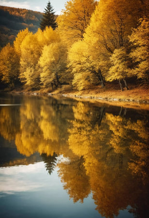 Vibrant yellow leaves create a stunning autumn display around a calm lake, with reflections mirroring the foliage on the water's surface as the day comes to a close. Generative AI.の素材