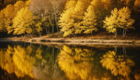 Vibrant yellow leaves create a stunning autumn display around a calm lake, with reflections mirroring the foliage on the water's surface as the day comes to a close. Generative AI.の素材