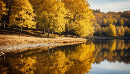 Vibrant yellow leaves create a stunning autumn display around a calm lake, with reflections mirroring the foliage on the water's surface as the day comes to a close. Generative AI.の素材