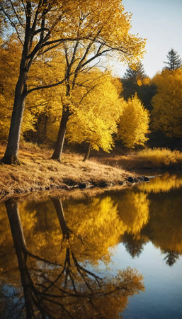 Vibrant yellow leaves create a stunning autumn display around a calm lake, with reflections mirroring the foliage on the water's surface as the day comes to a close. Generative AI.の素材