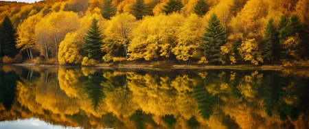 Vibrant yellow leaves create a stunning autumn display around a calm lake, with reflections mirroring the foliage on the water's surface as the day comes to a close. Generative AI.の素材